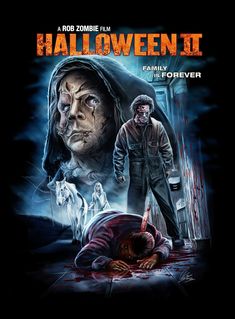 a movie poster for halloween ii featuring a man with blood on his face and two other people in the background