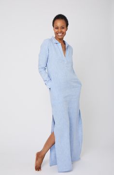 Pour Les Femmes’ is known and loved for its exquisitely and sustainably made sleepwear and loungewear. Founded by designer Karen Fowler and actress Robin Wright, the brand creates luxurious sets and separates you’ll want to live in and supports women in conflict regions through its production. The Long Linen Shirt Dress in Light Blue brings the best of style and comfort together with its natural natural thermal regulating properties. Designed to be a year-round-lounger, this easy pull-over piece Blue Linen Outfit, Linen Button Down Dress, Long Linen Shirt, Blue Linen Shirt, Flamboyant Natural, Linen Clothing, Light Blue Dresses, Linen Shirt Dress, Silk Tunic