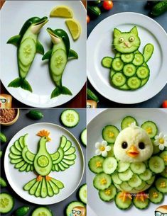 cucumber art made to look like an owl and bird with sliced cucumbers