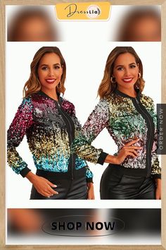 Long Sleeve Zipper Colorful Sequin Short Jacket Trendy Multicolor Spring Outerwear, Casual Spring Outerwear With Sequins, Casual Sequined Outerwear For Spring, Trendy Multicolor Fall Outerwear, Trendy Multicolor Outerwear For Fall, Spring Party Outerwear With Patchwork, Casual Fall Outerwear With Sequins, Casual Sequined Outerwear For Fall, Trendy Multicolor Long Sleeve Outerwear