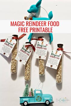 a blue truck is parked in front of an advertisement for magic reindeer food free printable