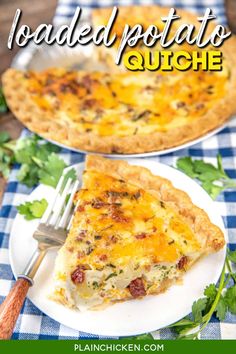 two slices of loaded potato quiche on white plates with blue and green checkered tablecloth