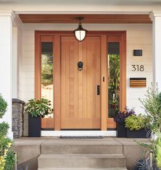 a front door with two planters on the steps