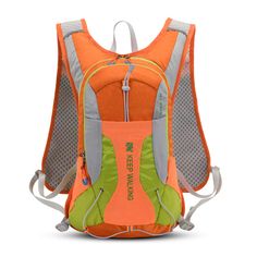 an orange and green backpack with grey straps