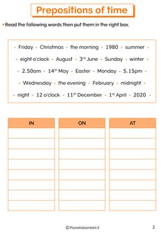 the worksheet for prepositions of time is shown in orange and white