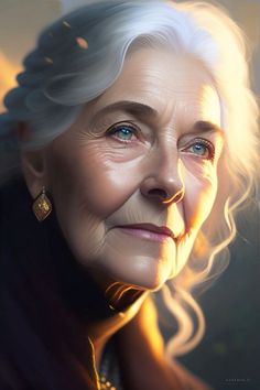 an older woman with white hair and blue eyes is shown in this digital painting style