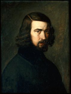 an oil painting of a man with long hair and beard wearing a black coat, looking to the side