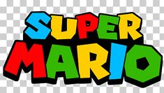 the words super mario written in colorful letters on a white background with black and red lettering