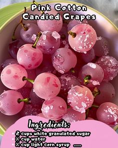 pink cotton candied grapes in a green bowl with water droplets on them and the words ingredient written below