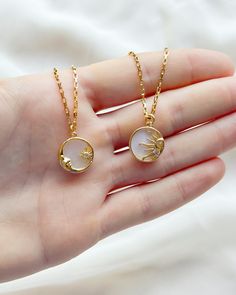 "✧ Stainless Steel ✧ Pendant: 18K Gold Plated ✧ Size on the pictures: 45cm (17.7\") ✧ Choose your size: 40cm (15.7\"), 45cm (17.7\"), 50cm (19.7\"), 60cm (23.7\") All the jewelry in my store is handmade (with love). I've always loved creating for others and expressing my creativity, so I decided to officially launch \"Chems Jewels\". Each item is handmade by myself and made to order in South of France. Everything is made of stainless steel, this is to ensure that it will stay in the best condition it can for the longest. Thank you for shopping at Chems Jewels <3" Sun And Moon Necklaces, Sun Moon Necklace, Moon Necklaces, Sun And Moon Necklace, Necklace Matching, Necklace Moon, Bff Necklaces, Zodiac Necklace, Zodiac Necklaces