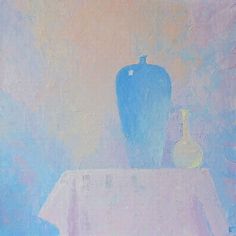 a painting of a table with a blue vase on it and a white table cloth