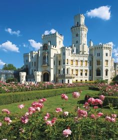 a large white castle with pink flowers in the foreground