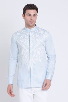 Ice blue shirt featuring geometric patch work with resham embroidery. - Aza Fashions Men Shirts Casual, Resham Embroidery, Men Shirts, Patch Work, Band Collar, Full Sleeves, Blue Shirt, Ice Blue, Aza Fashion