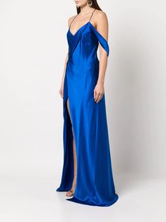 Michelle Mason V-neck Silk Dress - Farfetch Silk Dress Blue, Michelle Mason, Silk Material, Shoulder Design, V Neck Dress, Dress Blue, Satin Finish, Silk Dress, Blue Dresses