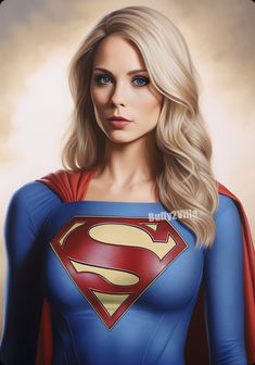 a painting of a woman in a superman suit with blonde hair and blue eyes wearing a red cape