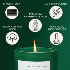 a green candle with labels on it and instructions about how to use it for candles