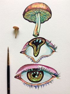 a drawing of three different types of eyes with mushrooms in the middle and on top