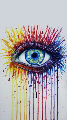 an eye with colorful paint splatters on it's face and the iris is painted