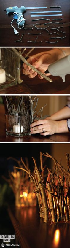 three different pictures of branches and candles on a table, one is made from twigs