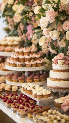 Beautifully arranged wedding dessert table with various sweet treats, elegant decorations, and stylish display elements to inspire your wedding dessert table setup. Deserts For Weddings, Wedding Dessert Table Flowers, Dessert Cups For Wedding, Wedding Cake Alternatives Dessert Tables, Wedding Dessert Options, Dessert Spread Table, Wedding Sweets Table Ideas, Dessert Table Set Up, Wedding Desserts Table