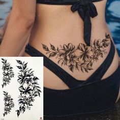 a woman's stomach with flowers and leaves on the side, next to an image of