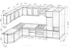 a drawing of a kitchen with an island and stove