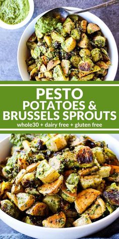 pesto potatoes and brussel sprouts in white bowls