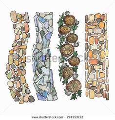 hand drawn watercolor and ink illustration of stones, plants and pebbles on white background