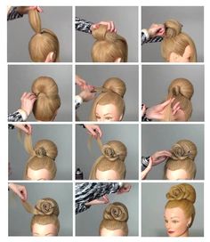 Rose Flower Bun Hairstyle, Rose Bun, Sanggul Modern, Flower Bun, Hair Academy, Hair Bun Tutorial, Barbie Hair, Dance Hairstyles