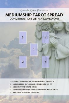 an image of the side of a statue with four squares in front of it that says, mediumship tarot spread conversation with a loved one