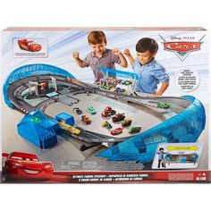 the disney pixar cars race track set is in its box and ready to be played