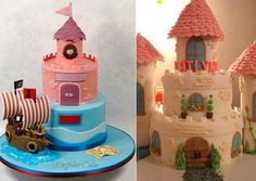 there is a cake that looks like a castle and has a pirate ship on it