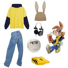 various items are arranged in the shape of an animal and bunny ears, including jeans, headphones, earbuds, sweatshirt, hat, cell phone