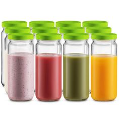 six glass jars with different colored smoothies in each one and the same color on the other