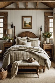 a large bed sitting in a bedroom next to two windows