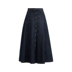 Cinq a Sept "Veena" skirt in dark-wash denim with contrast stitching  Three-pocket style  High rise Hem falls below the knee A-line silhouette Button front; belt loops  Polyurethane/viscose Lining: Cotton Dry clean Imported Workwear Denim Blue Skirt With Belt Loops, Dark Wash Skirt For Workwear In Fall, Dark Wash Skirt For Workwear, Fall Season, Denim Skirt With Belt Loops For Work, Dark Wash Skirt For Fall Workwear, Spring Workwear Dark Wash Skirt, Spring Dark Wash Skirt For Work, Chic Dark Wash Denim Skirt With Belt Loops, High Rise Denim Blue Work Skirt