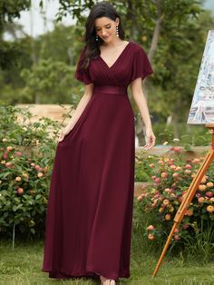 Surplice Neck Ruched Bodice Chiffon Bridesmaid Dress Burgundy   Short Sleeve Chiffon Plain A Line Non-Stretch All Weddings & Events, size features are:Bust: ,Length: ,Sleeve Length: Elegant Maternity Dresses, Empire Waist Evening Dress, Empire Waist Maxi, 파티 드레스, Elegant Party Dresses, Chiffon Evening Dresses, Ever Pretty, Satin Bridesmaid Dresses, Prom Dresses With Sleeves