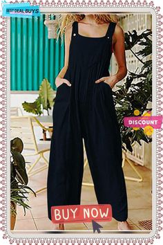 Women's Loose One-piece Wide-leg Pants Casual Jumpsuit Non-stretch Cotton Jumpsuits And Rompers For The Beach, Wide-leg Jumpsuits And Rompers With Elastic Waistband For Loungewear, Linen Wide-leg Jumpsuits For Beach, Loosely Fitted Wide-leg Beach Pants, Beach Wide-leg Jumpsuits And Rompers With Pockets, Jumpsuits And Romper, Pants Casual, Linen Style, Casual Jumpsuit