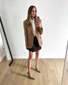 Fashion Jackson Wearing MAYSON the label Camel Boyfriend Blazer, White Button Down Shirt, Vegan Leather Brown Mini Skirt, Gucci Logo Slingback Pumps, Business Casual Workwear Outfit Gucci Slingback Pump Outfit, Camel Blazer Outfits Women, Blazer Outfits Women