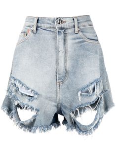 light blue cotton distressed effect ripped detailing belt loops classic five pockets concealed front zip fastening frayed hem Luxury Fitted Garment-washed Bottoms, Farfetch Shorts Jeans, Butterfly Stomach, Cloth Collection, Outfit Collages, Denim Top Women, Natasha Zinko, Bermuda Jeans, Versace Outfit