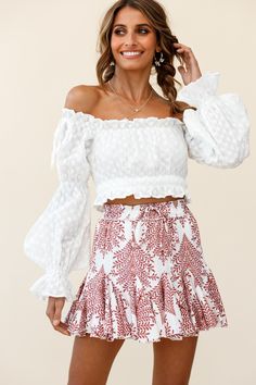 Buy the Robyn Flounce Mini Skirt Leaf Pattern White | Selfie Leslie Red Selfie, Pattern Mini Skirt, Movie Date, Bardot Style, White Blouses, Selfie Leslie, White Tennis Shoes, High Waisted Flare Jeans, Bardot Top