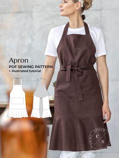 apron sewing pattern for women with pleated waistline and front tie, sizes small to large