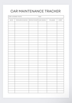 a car maintenance tracker sheet with the words car maintenance tracker written in black on it