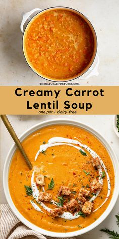 creamy carrot lentil soup in a white bowl