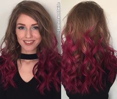 Light Brown To Red Ombre, Red Hair Ends Dip Dye, Magenta And Brown Hair, Magenta Ombre Hair, Half Red Half Brown Hair, Brown Hair Tips, Exotic Hair Color, Natural Brown Hair, Blonde Hair With Bangs