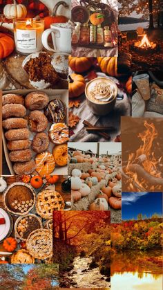 a collage of pictures with pumpkins, leaves and other things in them that are all over the place