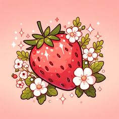 a strawberry with flowers and leaves on it's back side against a pink background