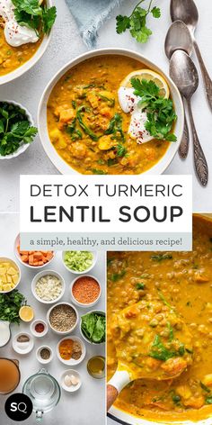 This Turmeric Lentil Detox Soup is a simple, healthy, and hearty meal that's great for digestion and the liver. It’s easy to make, packed with protein, and delicious! Consider this a detox-friendly soup—it's packed with ingredients that support your body's natural detoxification system! Detox Turmeric Lentil Soup | Vegan & Gluten Free Recipe | Simply Quinoa Turmeric Soup Vegan, Dinner Recipes For Liver Health, Detox Southwest Soup, Healthy Vegan And Gluten Free Recipes, Anti Inflammation Soup Vegan, Soup For Liver Health, Golden Mama Healing Stew, French Green Lentils Recipes, Easy Lentil Stew