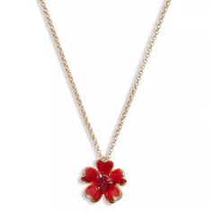 A Delicate Link Chain Suspends A Golden-Edged Vibrant Red Enamel Flower Pendant Sparkling With A Crystal Center. Set In Gold-Tone, Enamel And Crystal 17"-20" Adjustable Length 0.50” Pendant Diameter Signature Spade Lobster Clasp Closure Matching Earrings Also Available In My Closet Id-Jan22-Mks Elegant Red Kate Spade Jewelry, Red Necklace With Flower Charm Pendant, Red Kate Spade Jewelry As Gift, Red Elegant Flower Necklace, Elegant Red Flower Charm Necklace, Elegant Red Flower Necklace With Charm, Flower Pendant Necklace, Kate Spade Jewelry, Enamel Flower