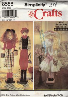 two dolls are shown in the same pattern as one is wearing a dress and hat